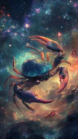Cosmic crab drifting amid colorful interstellar clouds.