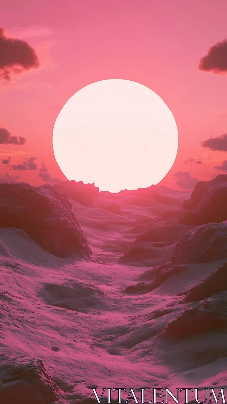 Stark neon sun over pink-illuminated eroded canyon terrain.