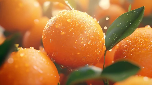 Sunlit orange tree fruit glistens with fresh morning droplets