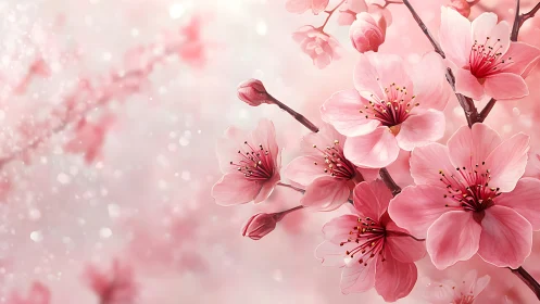 Cherry Blossom Branches in Soft Focus with Luminous Bokeh Effects