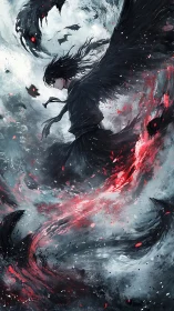 Winged shadow drifting through a storm of wild color.