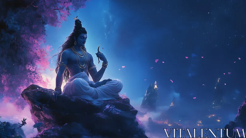 Blue-skinned deity meditates on rocky cliff under night sky