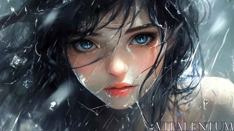 Blue-eyed girl in water with intense close-up gaze.