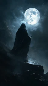 Hooded figure under full moon on dark rocky cliff.