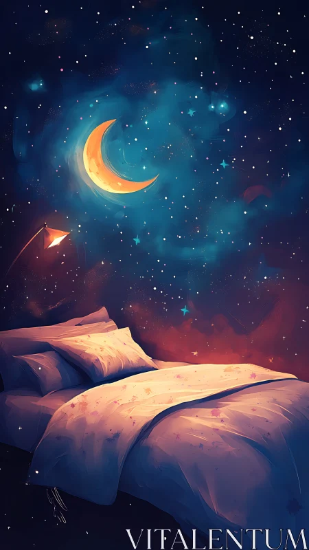 Dreamy starlit bed drifting beneath a painted moon.