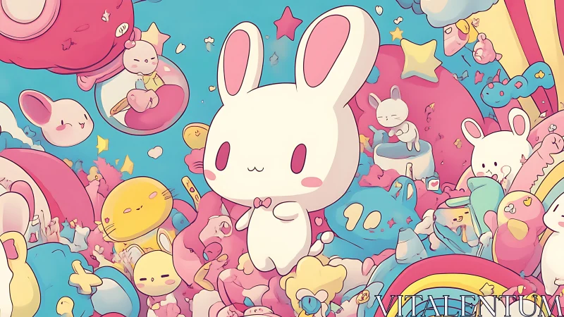 Kawaii bunny character in dense pastel candyland composition