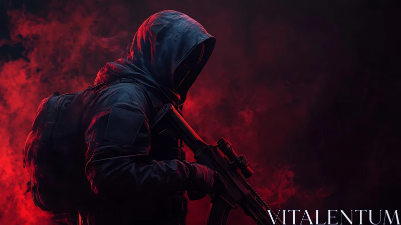 Hooded tactical figure with rifle in red smoke backdrop.