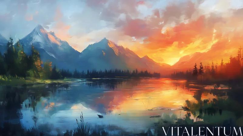 Golden lake sunset cradled by whispering mountain peaks.