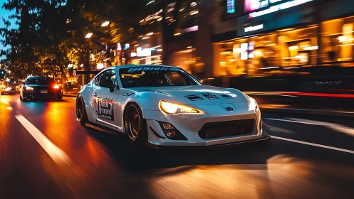 Modified white sports car speeds through illuminated city street