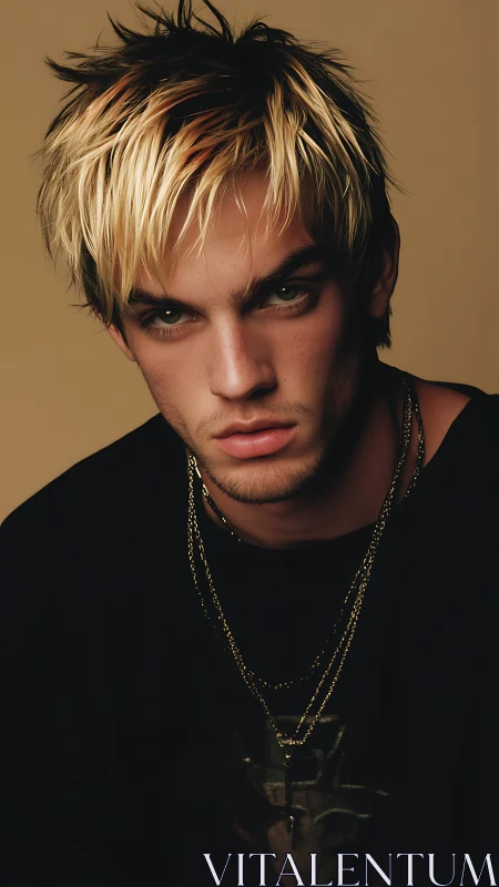 Edgy blonde male portrait with layered chains and soft light.
