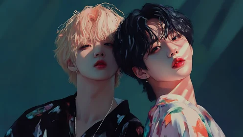 Velvet-lit duo trading glances under painted garden shadows.