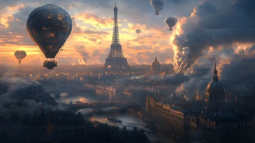 Steampunk Paris skyline with dirigibles at cinematic sunset.
