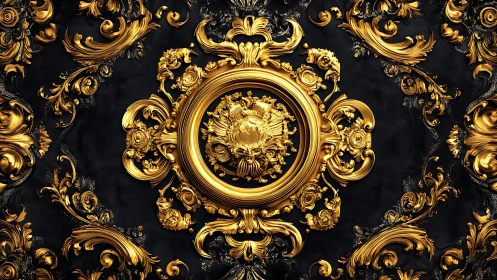 Ornate golden baroque medallion on deep black backdrop.