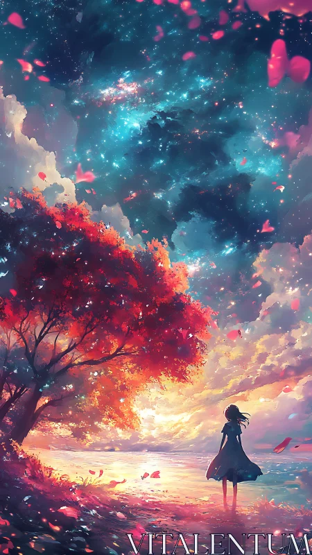 Silhouette by shoreline under vivid sky and red tree.