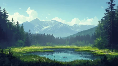 Mountain lake in dense forest with clear summer sky.