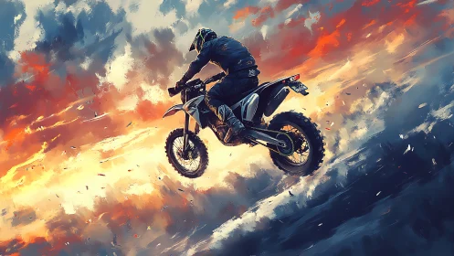Motocross rider soars over fiery clouds at sunset