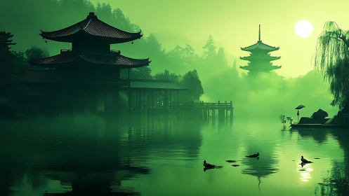 Misty green lakeside temple and pagoda at calm sunrise.