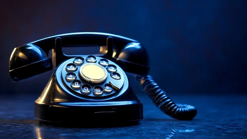 Vintage rotary phone glowing softly in midnight blue light.