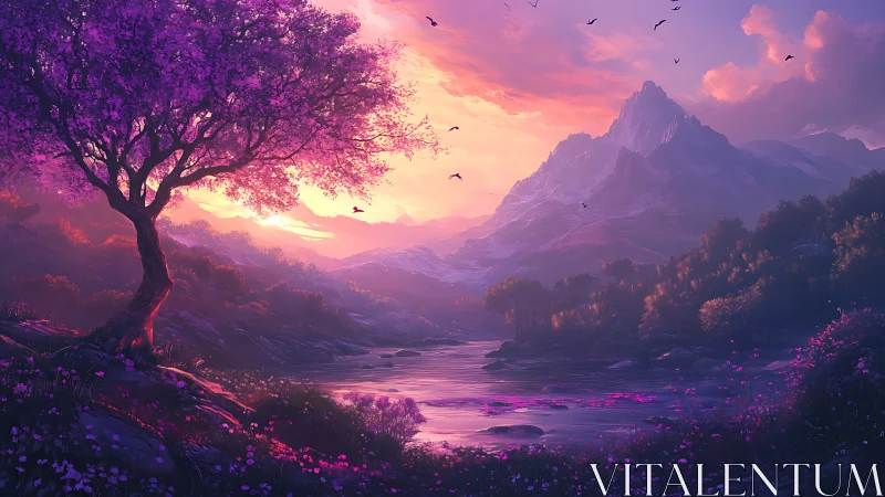 Luminous violet tree beside river under ethereal sunset sky.