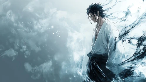 Stoic anime swordsman stands within swirling water and mist