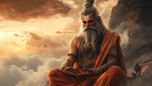 Himalayan sage in meditative pose amid stormlit cloud abyss