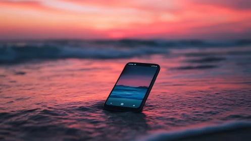 Waterlogged smartphone in shallow surf under vivid sunset sky