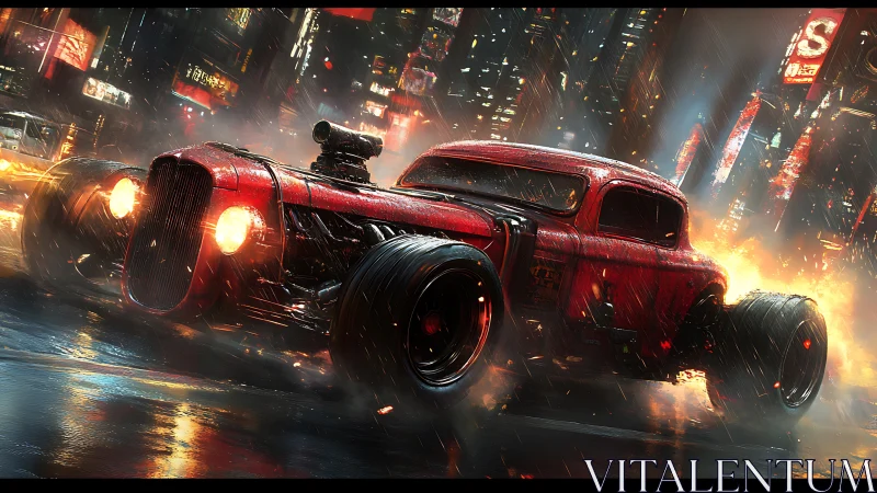 Modified red hot rod accelerates through wet neon city street