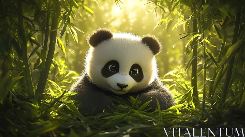 Cartoon panda cub sits in dense sunlit bamboo forest