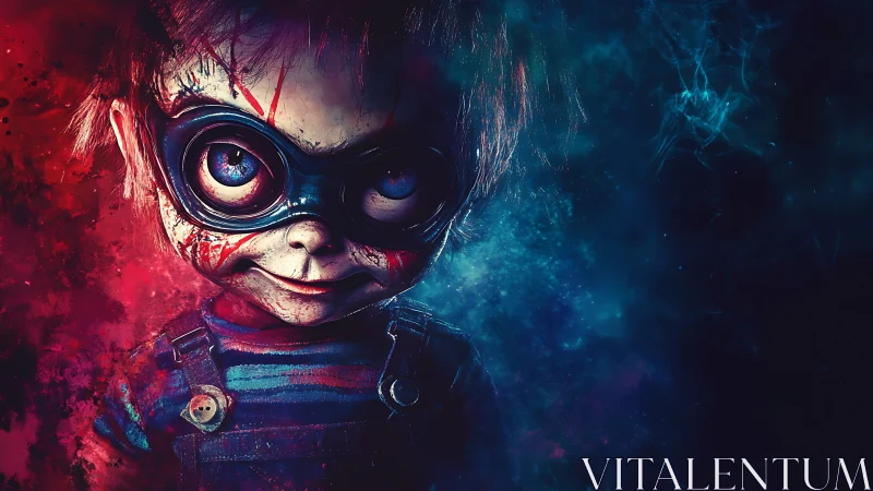 Masked doll figure in split red blue atmospheric lighting.