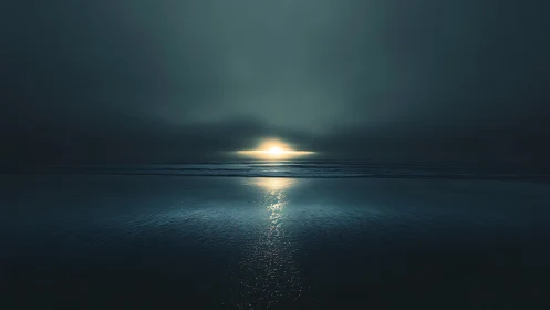 Midnight horizon glow over a brooding, glassy ocean.