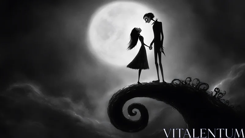 Skeletal Lovers Embrace Under Moonlit Sky.