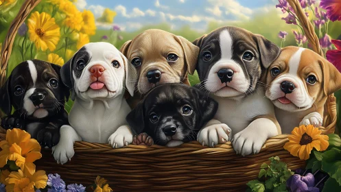 Row of mixed-color puppies in basket among garden flowers.