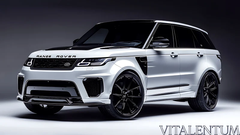 High-contrast Range Rover SUV with aerodynamic kit and gloss black wheels