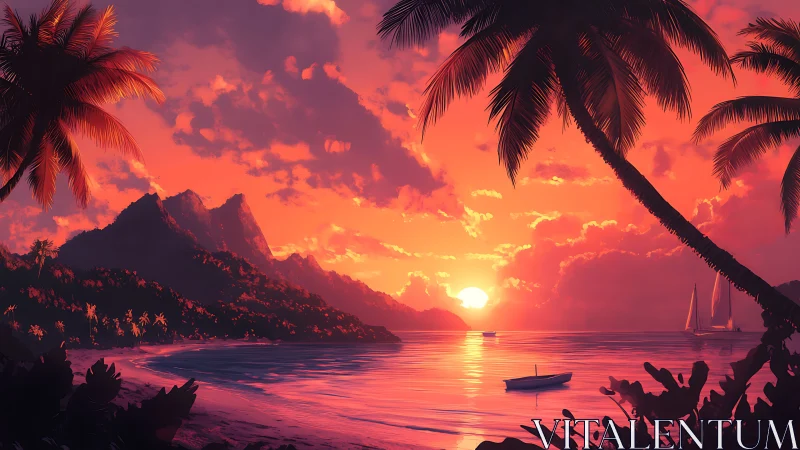 Tropical bay sunset illuminates calm sea and palm silhouettes