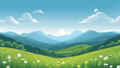 Gentle sunrise brightens quiet green hills and distant mountains