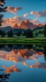 Sunlit mountain peaks mirrored in a calm evening lake.