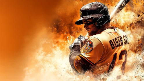 Dynamic digital portrait of a batter amid explosive color field