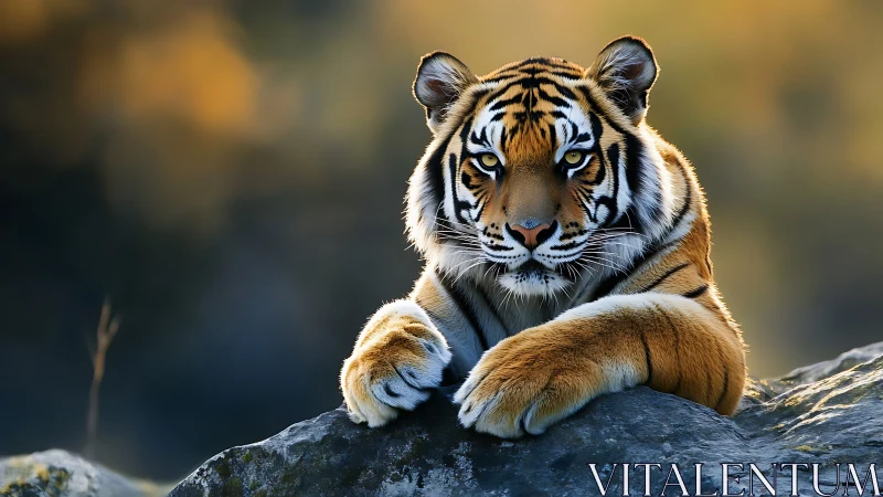 Tiger rests on rock with direct gaze in soft evening light