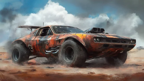 Postapocalyptic muscle car storms windswept desert plain.