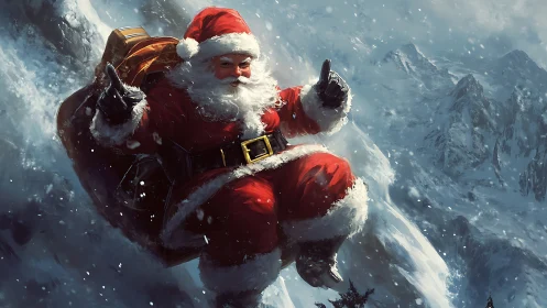 Santa in dynamic downhill motion across icy mountain slope