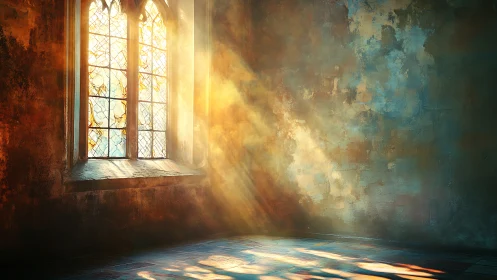 Sunlit gothic window casting luminous rays over patina walls.