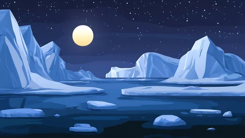 Polar seascape with lunar-lit icebergs and fragmented sea ice