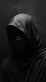 Hooded figure with matte mask rendered in low-key volumetric light