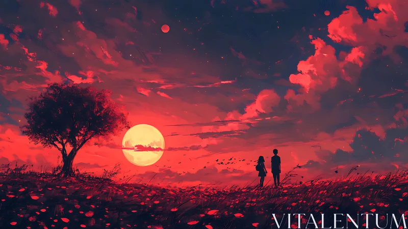 Crimson horizon stroll under a storybook rising moon.