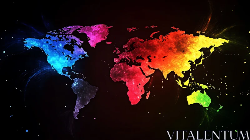 Chromatic world map silhouette in radiant digital painting style.