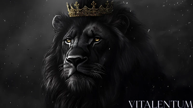Crowned black lion portrait in dark monochrome setting.