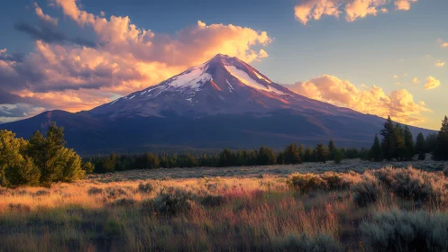 Snow-capped stratovolcano rises above forested plain at sunset