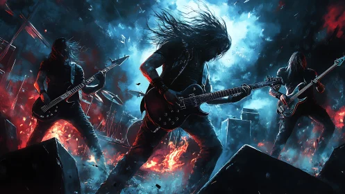 Dynamic metal band performance in explosive digital painting style.