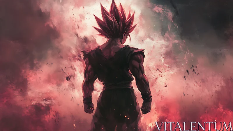 Fiery anime warrior silhouette amid raging crimson storm.