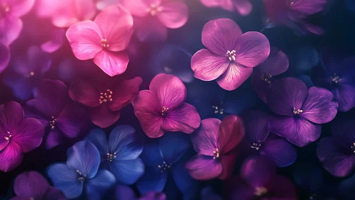 Small flowers with pink and purple petals in soft focus lighting